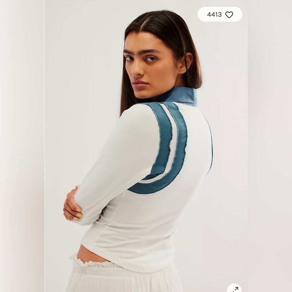 Free People White and Teal Long Sleeve Top - Picture 3 of 10